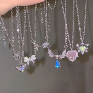 Crystal Bow Angel Wings Heart Pendant Necklace For Women